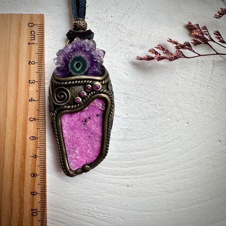 Cobalto Calcite Amethyst Stalactite and Ruby Necklace - FairyGardenGlow