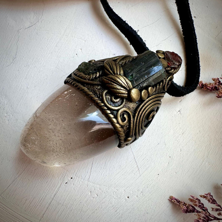 Light Smoky Quartz Green Tourmaline Red Garnet and Moldavite Pendant Necklace - FairyGardenGlow