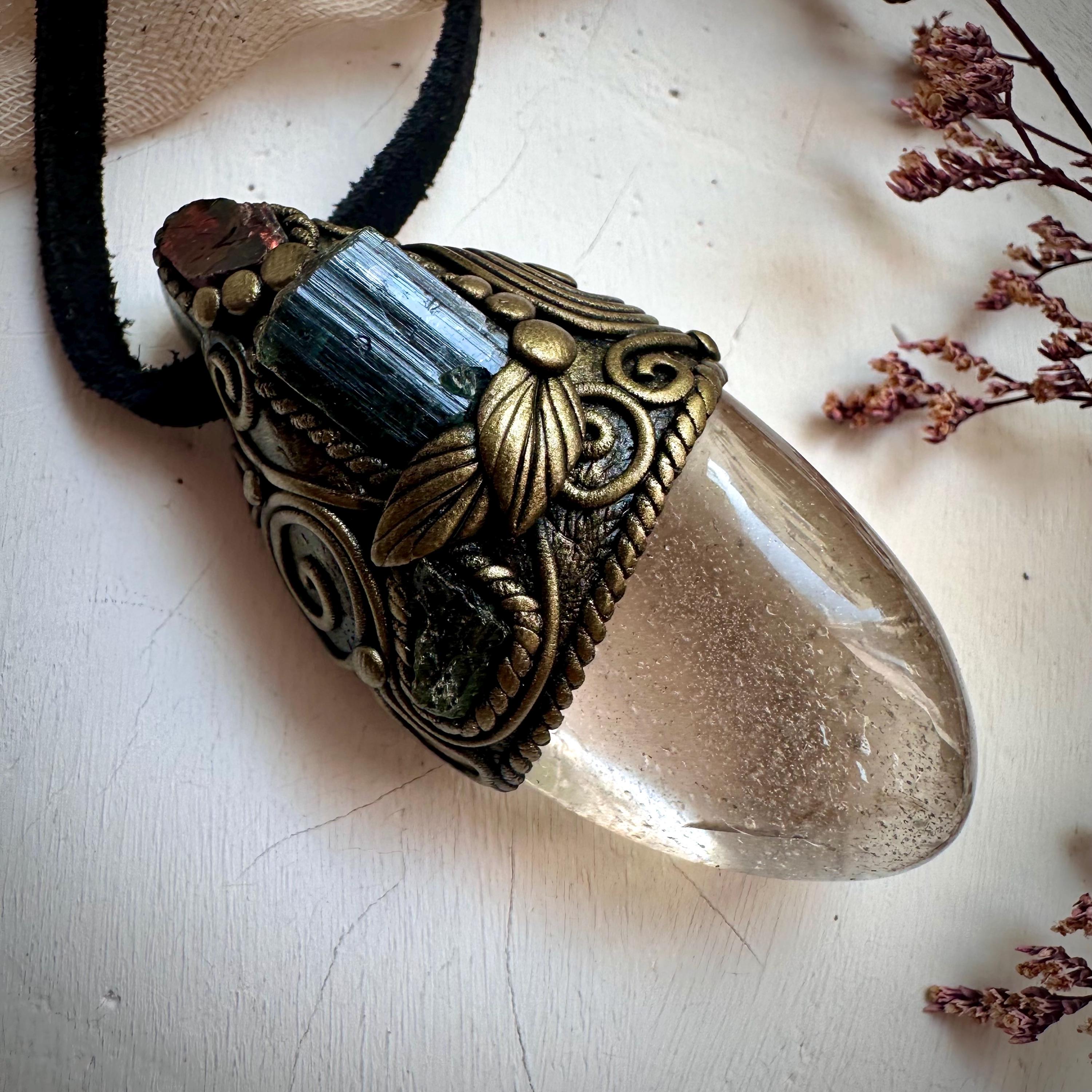Light Smoky Quartz Green Tourmaline Red Garnet and Moldavite Pendant Necklace - FairyGardenGlow