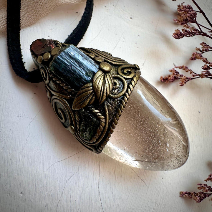 Light Smoky Quartz Green Tourmaline Red Garnet and Moldavite Pendant Necklace - FairyGardenGlow