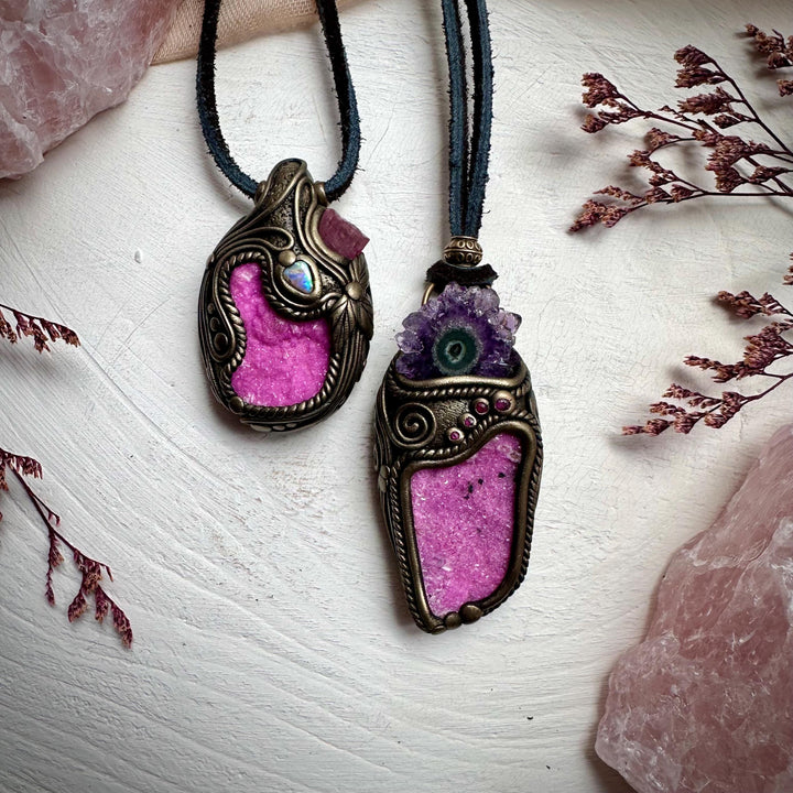 Cobalto Calcite Amethyst Stalactite and Ruby Necklace - FairyGardenGlow