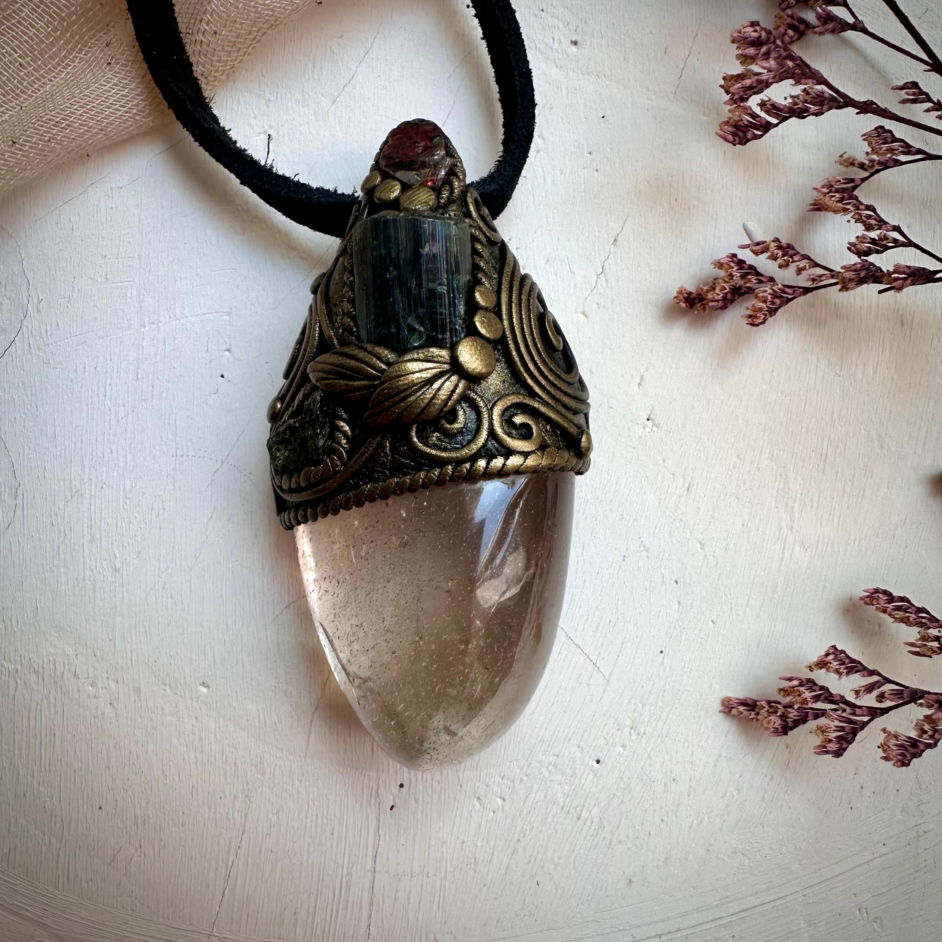 Light Smoky Quartz Green Tourmaline Red Garnet and Moldavite Pendant Necklace - FairyGardenGlow