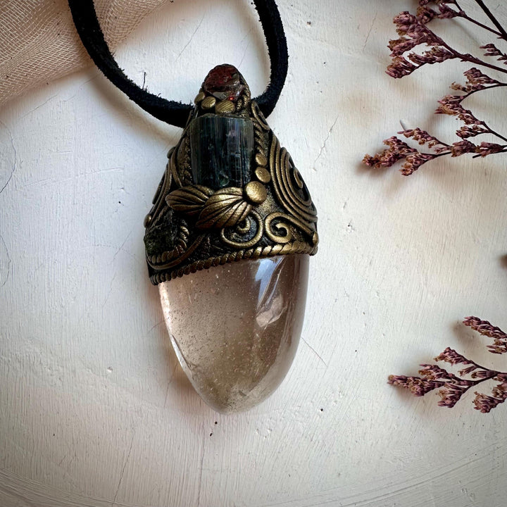 Light Smoky Quartz Green Tourmaline Red Garnet and Moldavite Pendant Necklace - FairyGardenGlow