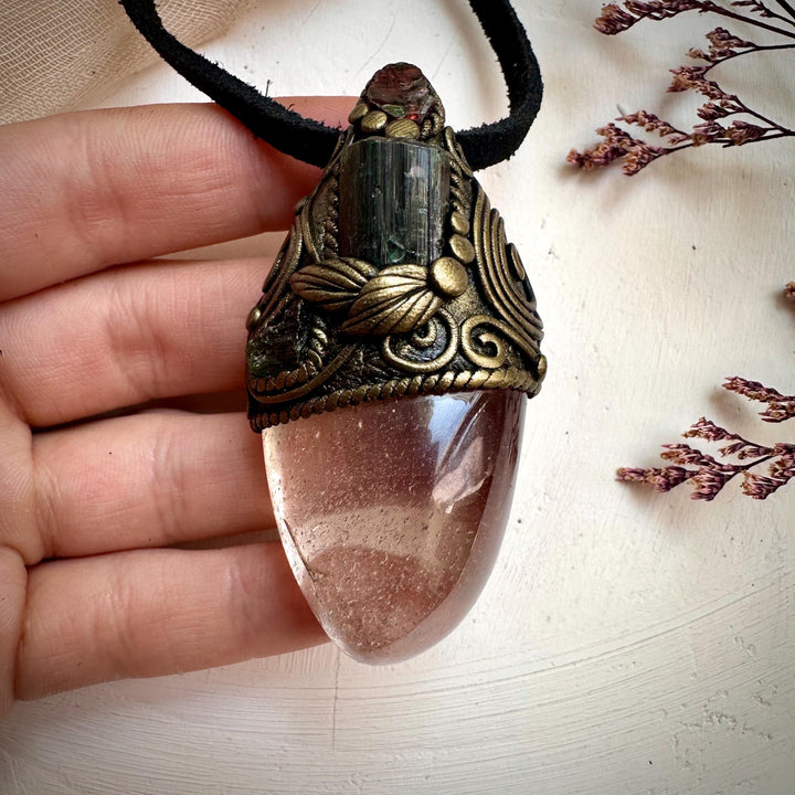 Light Smoky Quartz Green Tourmaline Red Garnet and Moldavite Pendant Necklace - FairyGardenGlow