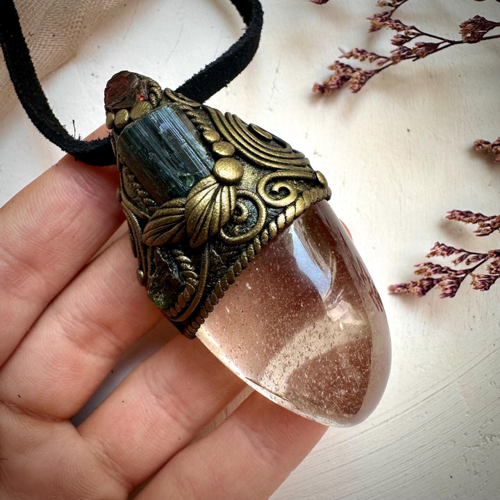 Light Smoky Quartz Green Tourmaline Red Garnet and Moldavite Pendant Necklace - FairyGardenGlow