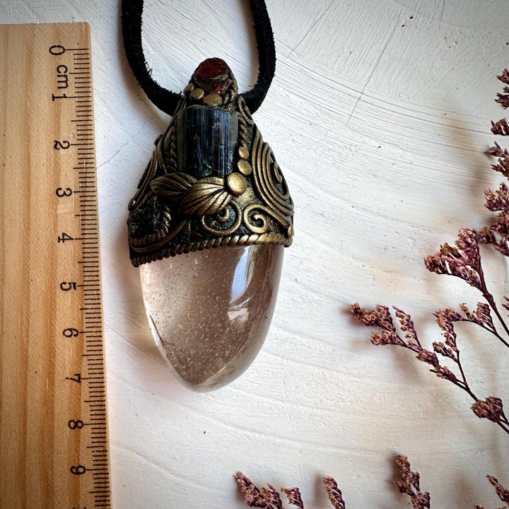 Light Smoky Quartz Green Tourmaline Red Garnet and Moldavite Pendant Necklace - FairyGardenGlow
