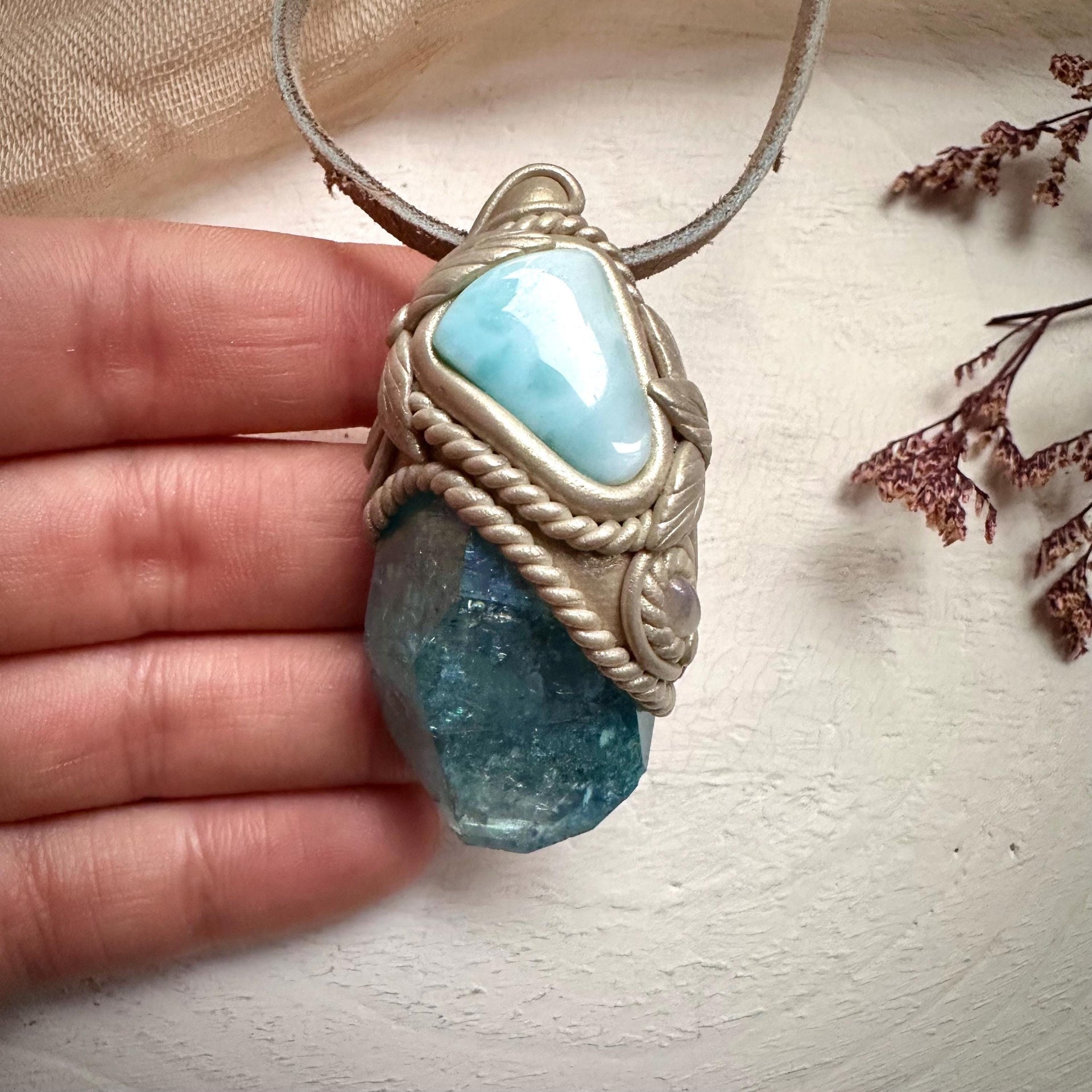 Aqua Aura Quartz Larimar and Moonstone Necklace