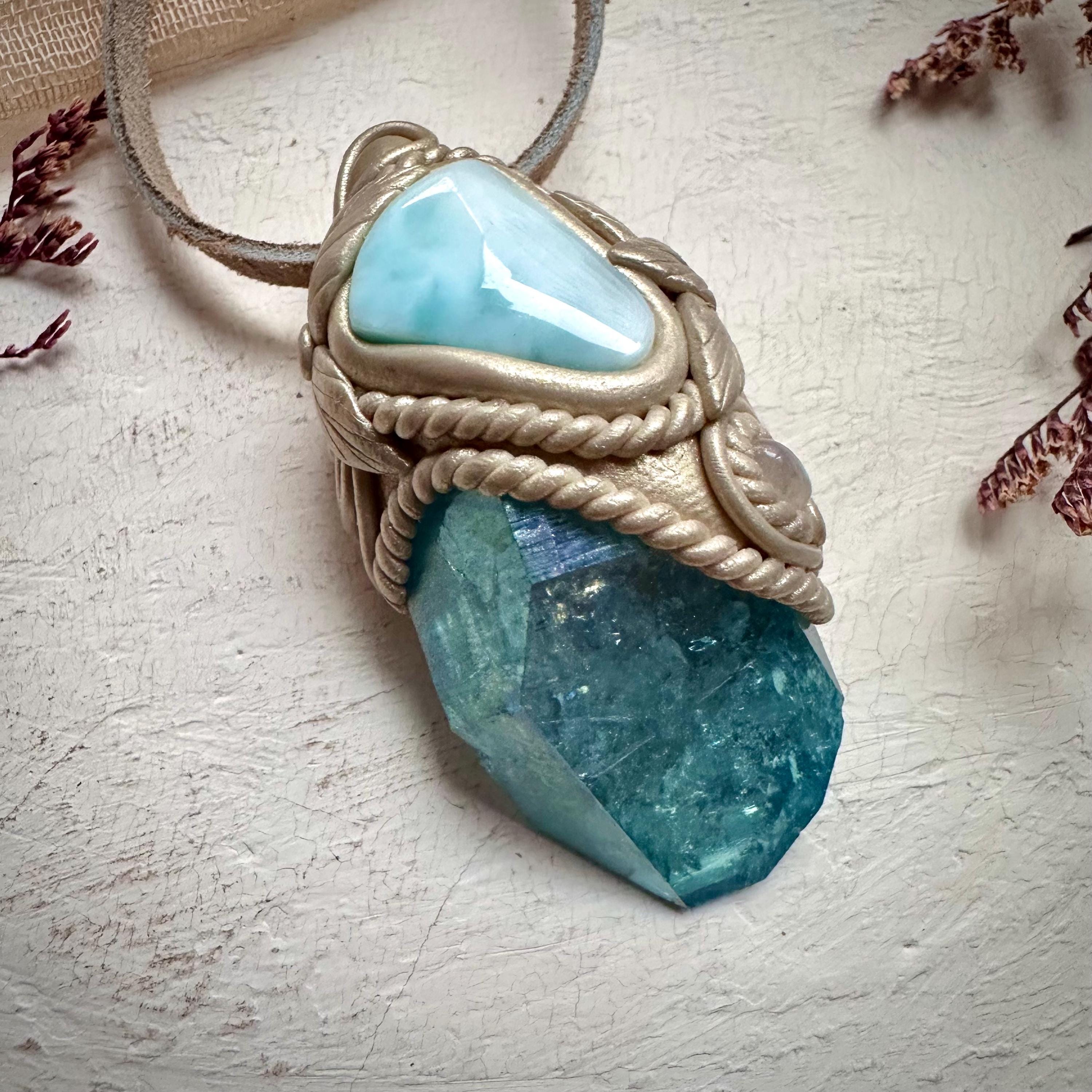 Aqua Aura Quartz Larimar and Moonstone Necklace - FairyGardenGlow