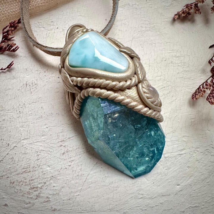 Aqua Aura Quartz Larimar and Moonstone Necklace - FairyGardenGlow