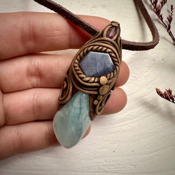 Aquamarine Tanzanite and Amethyst Pendant Necklace - FairyGardenGlow