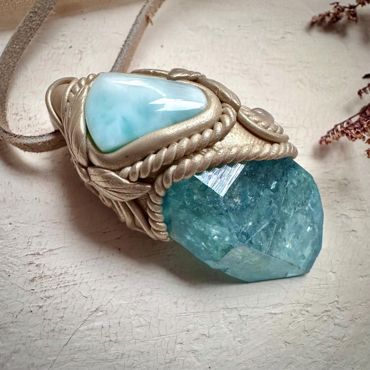 Aqua Aura Quartz Larimar and Moonstone Necklace - FairyGardenGlow