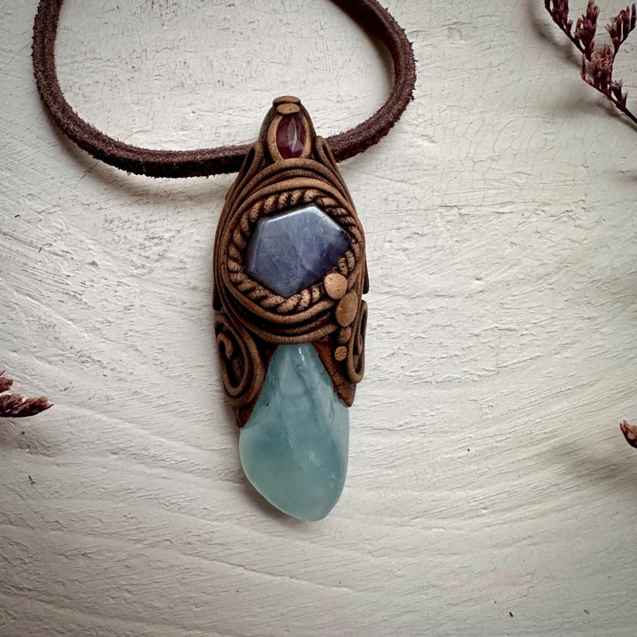 Aquamarine Tanzanite and Amethyst Pendant Necklace - FairyGardenGlow