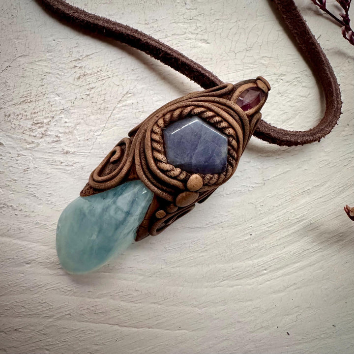 Aquamarine Tanzanite and Amethyst Pendant Necklace - FairyGardenGlow