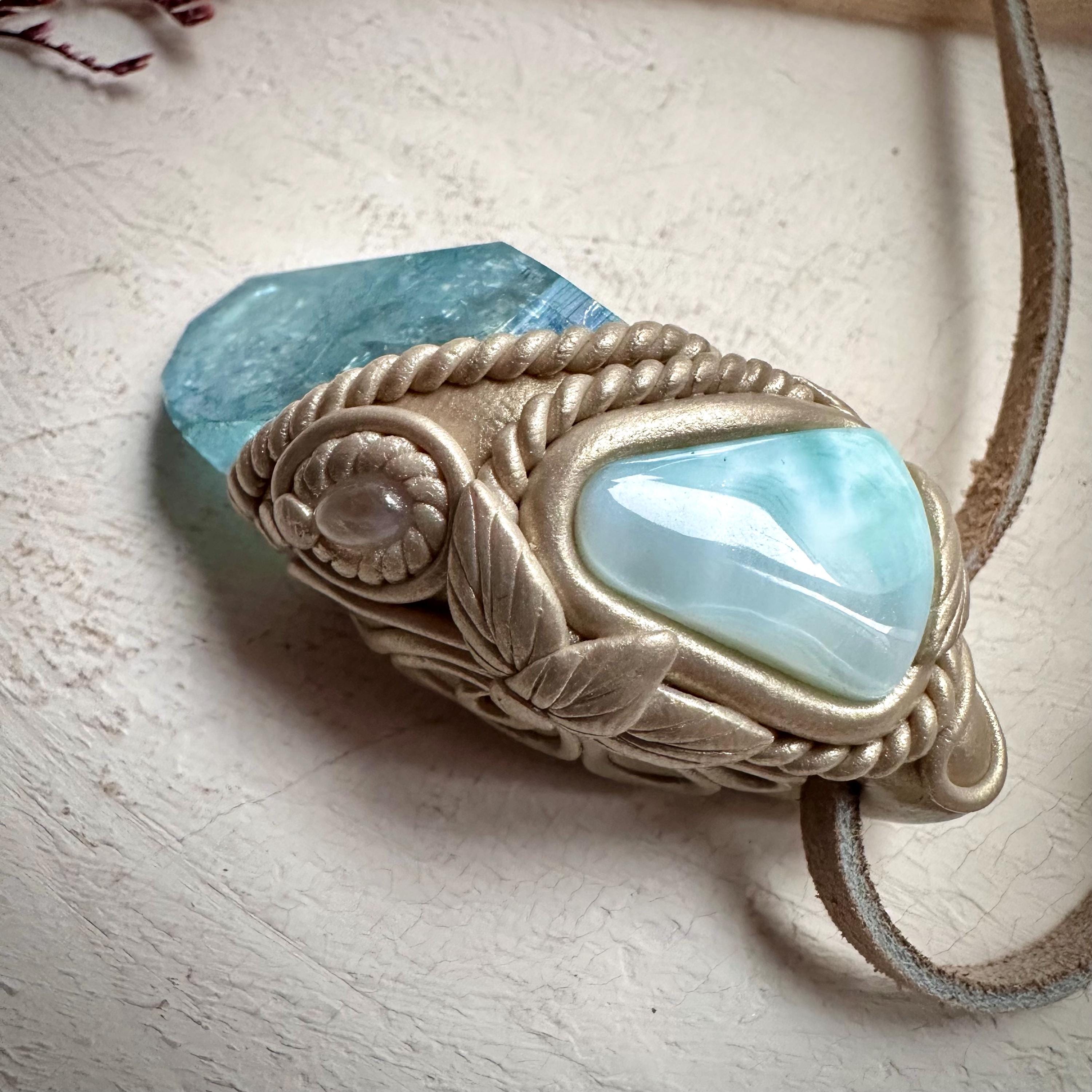Aqua Aura Quartz Larimar and Moonstone Necklace - FairyGardenGlow