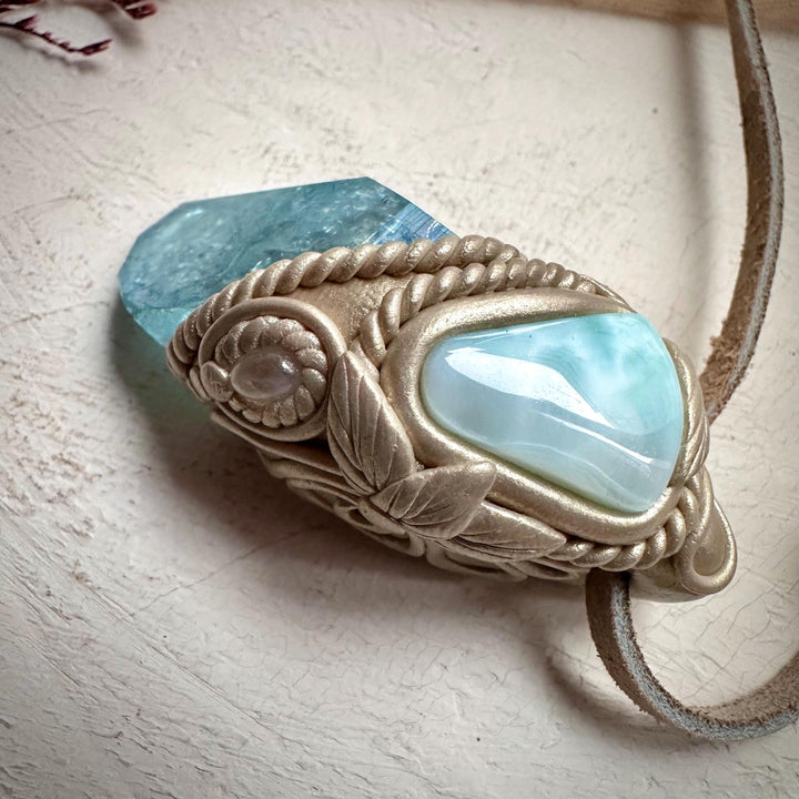 Aqua Aura Quartz Larimar and Moonstone Necklace - FairyGardenGlow