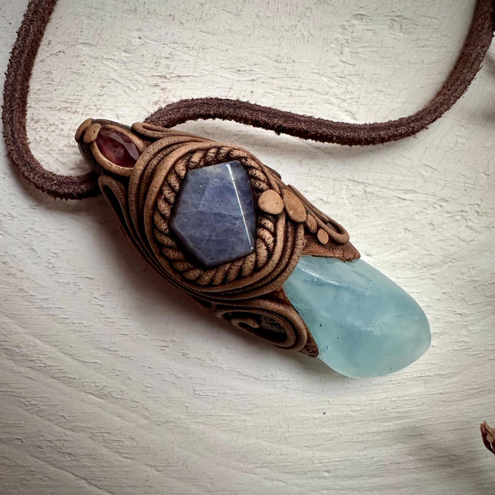 Aquamarine Tanzanite and Amethyst Pendant Necklace - FairyGardenGlow