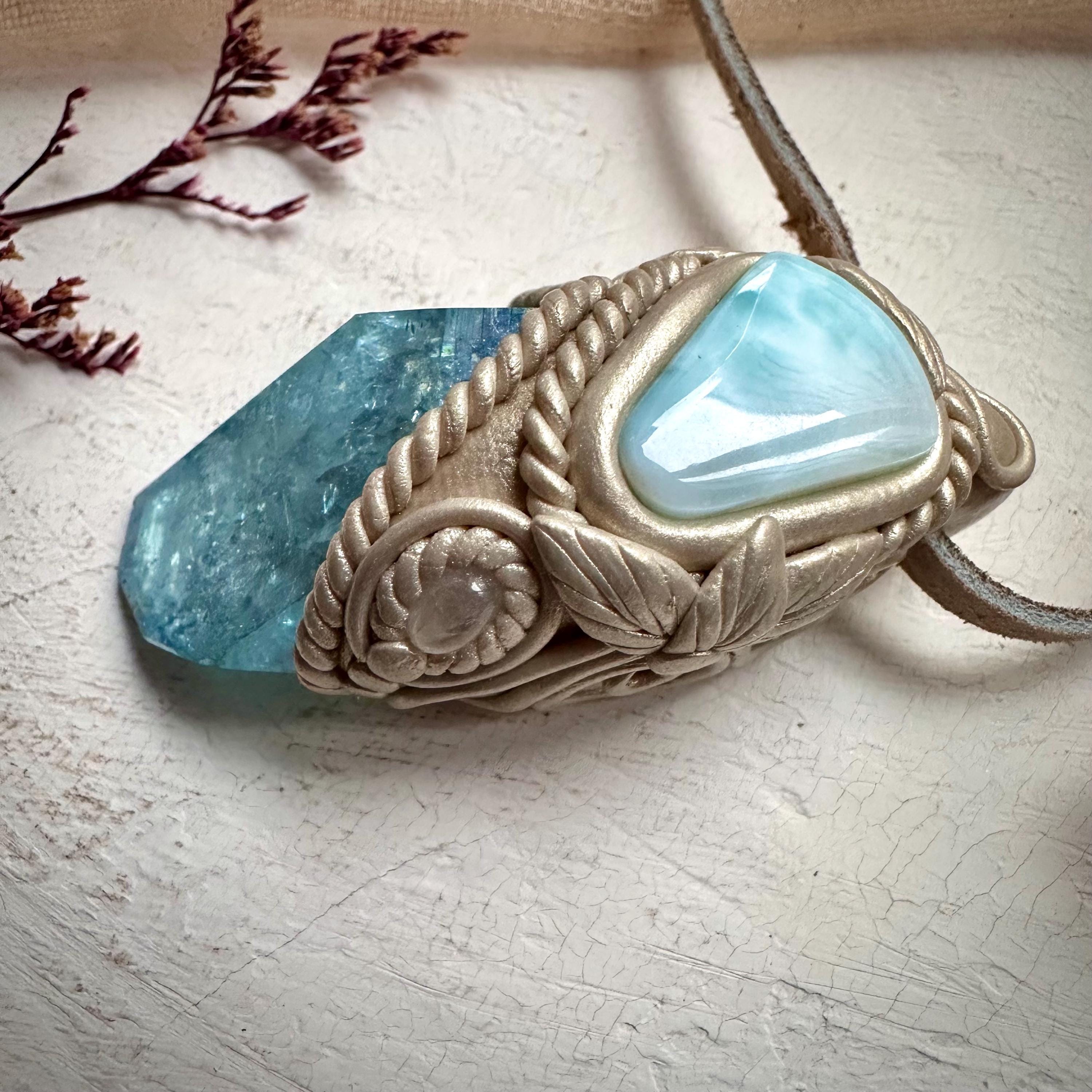 Aqua Aura Quartz Larimar and Moonstone Necklace - FairyGardenGlow