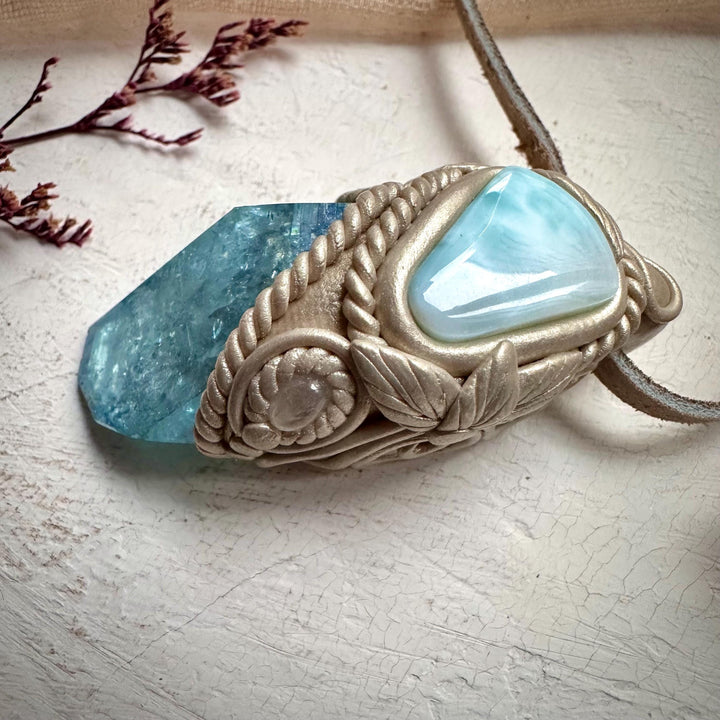 Aqua Aura Quartz Larimar and Moonstone Necklace - FairyGardenGlow