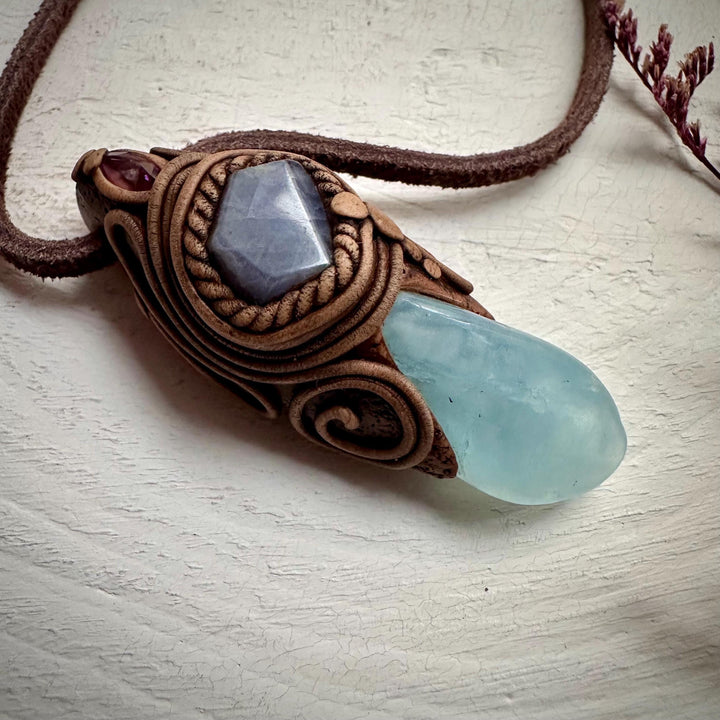 Aquamarine Tanzanite and Amethyst Pendant Necklace - FairyGardenGlow