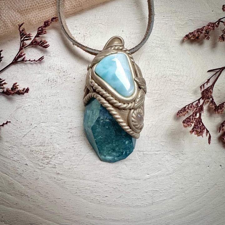 Aqua Aura Quartz Larimar and Moonstone Necklace - FairyGardenGlow