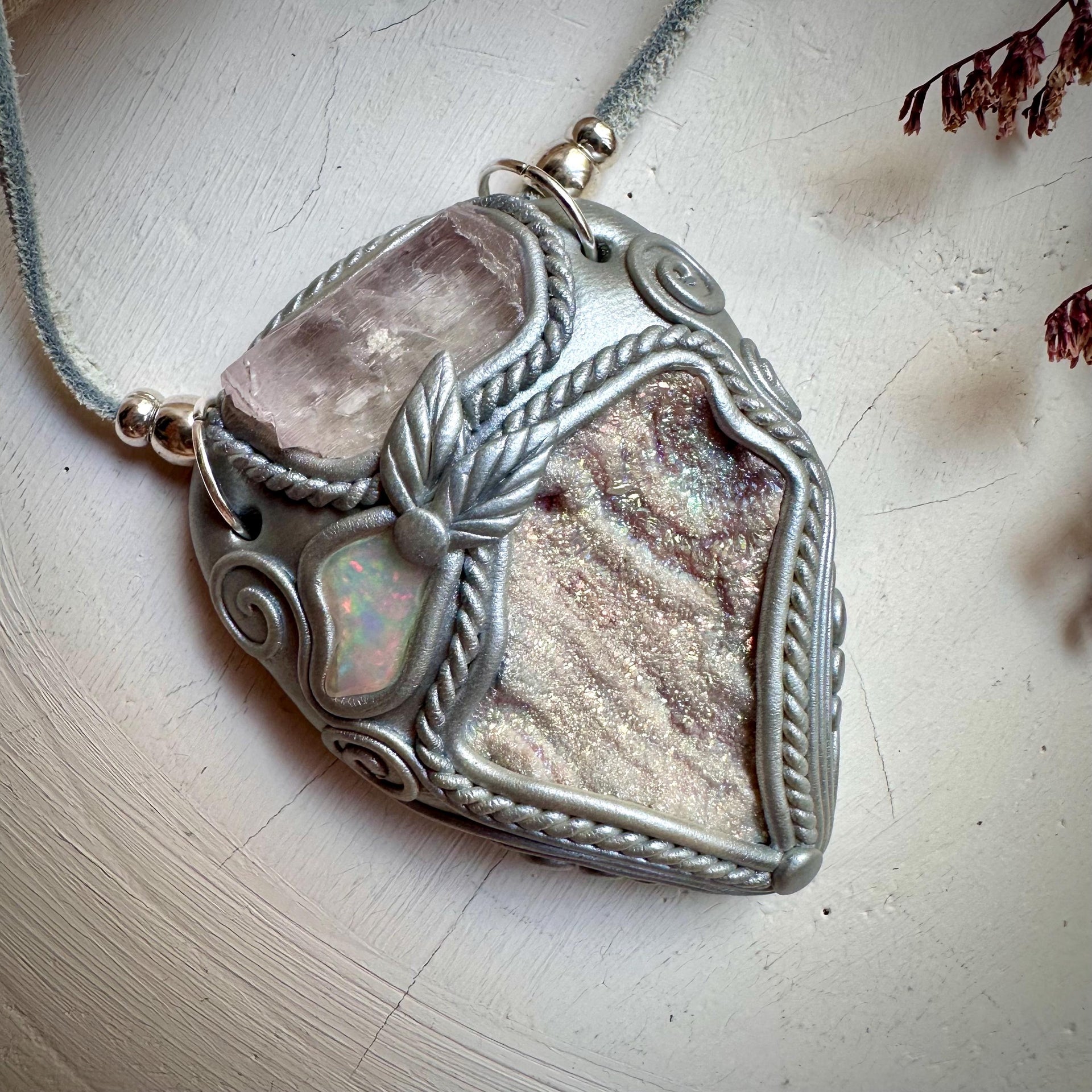 Angel Aura Chalcedony Kunzite and Opal Pendant Necklace