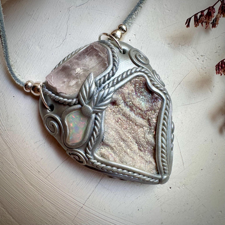 Angel Aura Chalcedony Kunzite and Opal Pendant Necklace - FairyGardenGlow