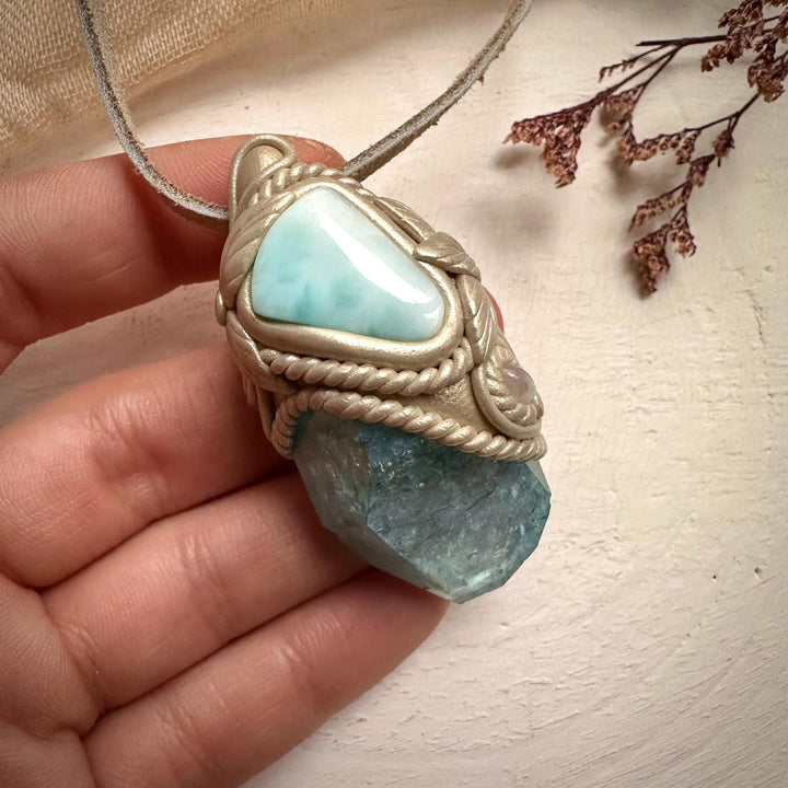 Aqua Aura Quartz Larimar and Moonstone Necklace - FairyGardenGlow