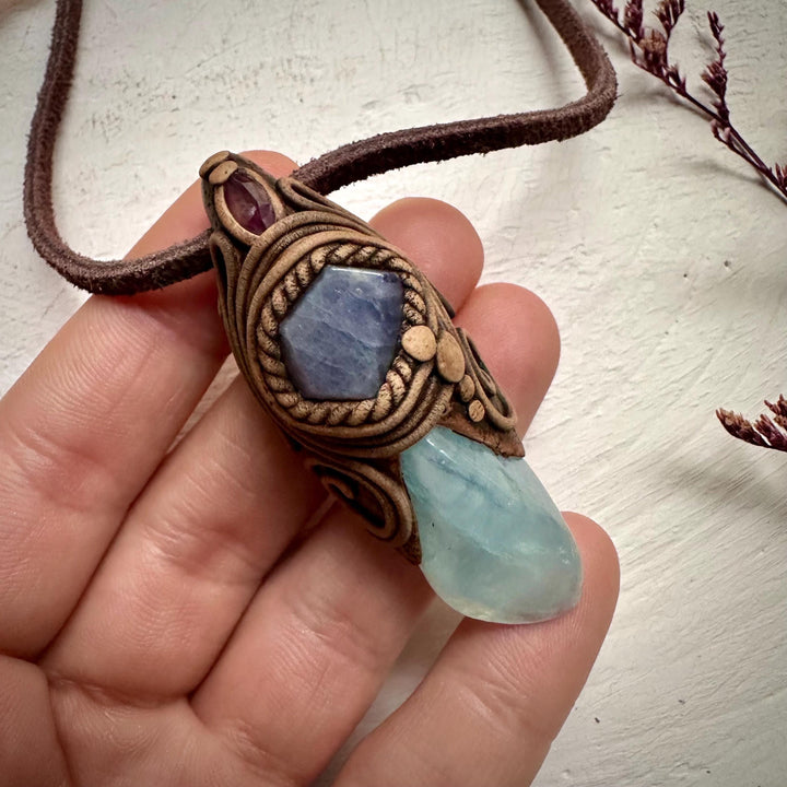 Aquamarine Tanzanite and Amethyst Pendant Necklace - FairyGardenGlow