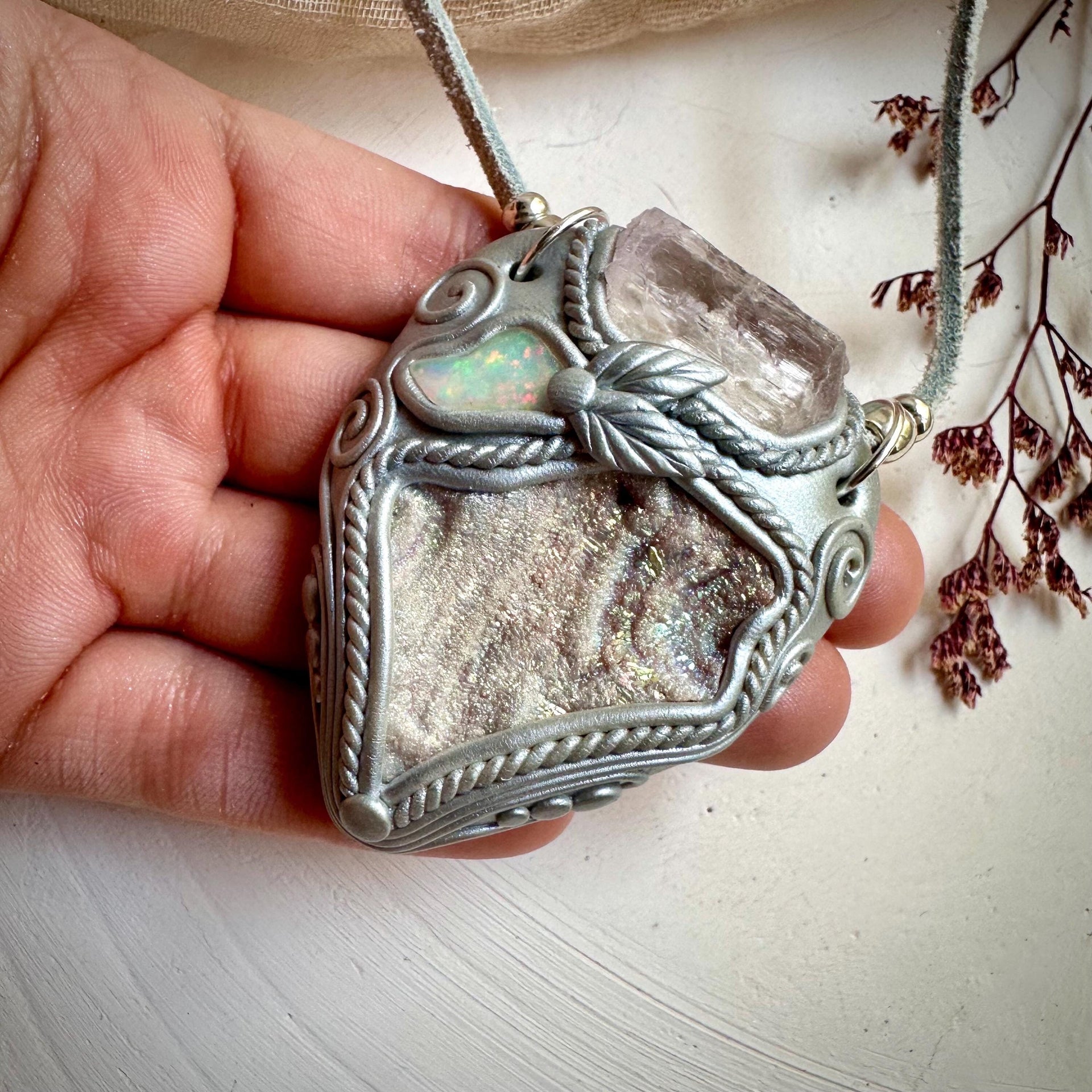 Angel Aura Chalcedony Kunzite and Opal Pendant Necklace
