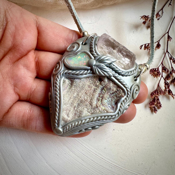 Angel Aura Chalcedony Kunzite and Opal Pendant Necklace - FairyGardenGlow