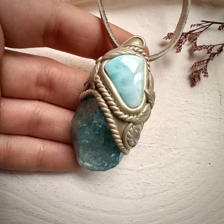 Aqua Aura Quartz Larimar and Moonstone Necklace - FairyGardenGlow