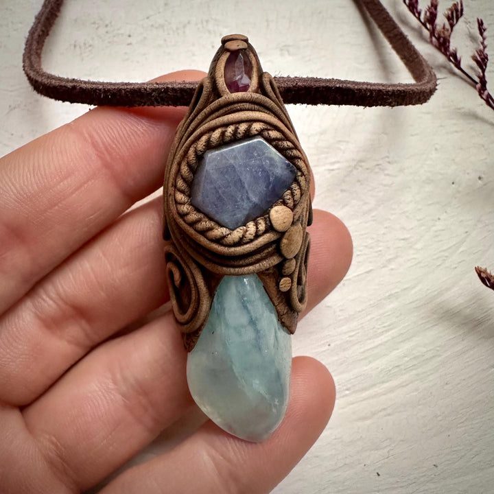 Aquamarine Tanzanite and Amethyst Pendant Necklace - FairyGardenGlow