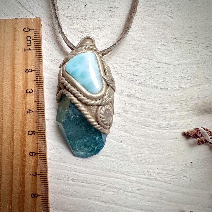 Aqua Aura Quartz Larimar and Moonstone Necklace - FairyGardenGlow