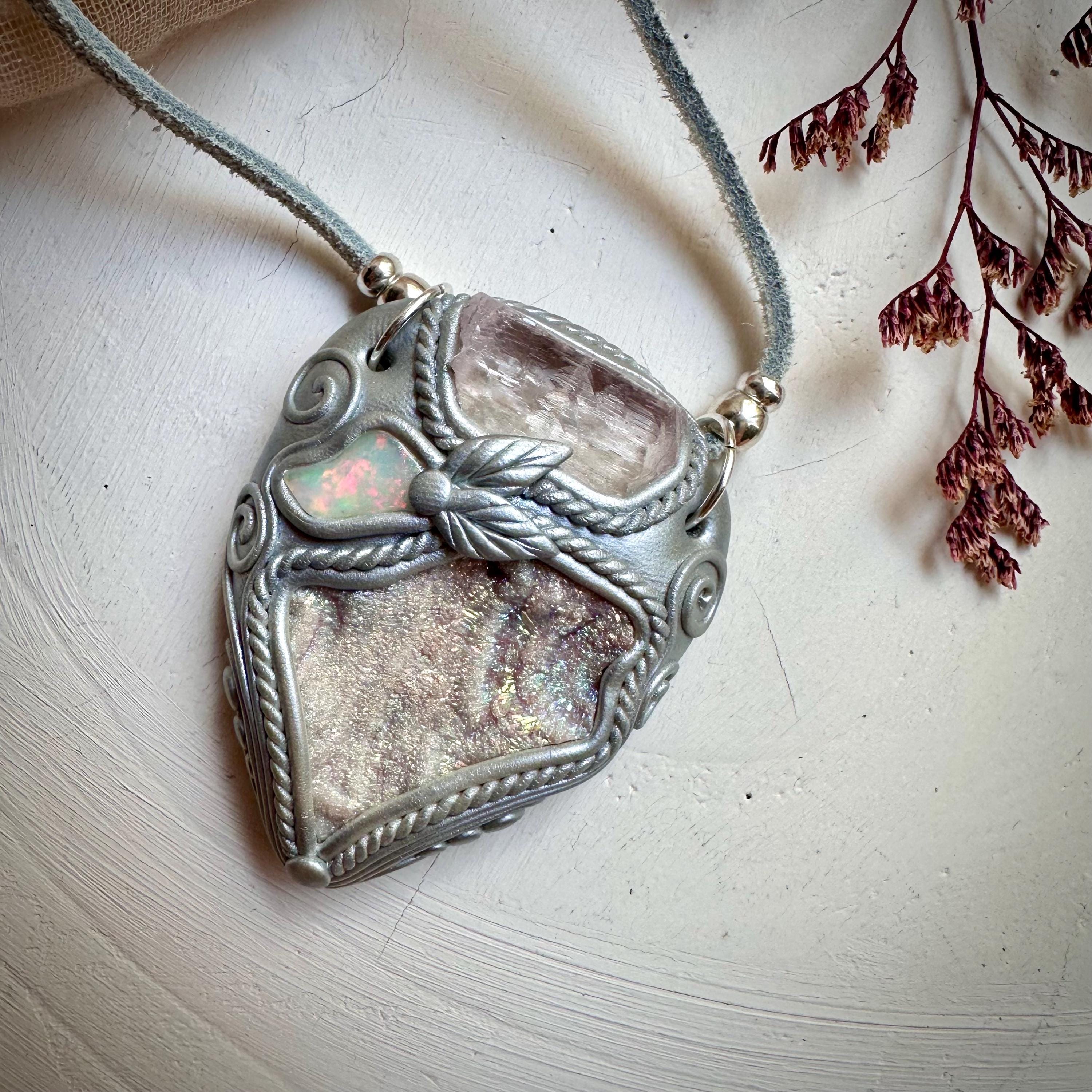Angel Aura Chalcedony Kunzite and Opal Pendant Necklace - FairyGardenGlow