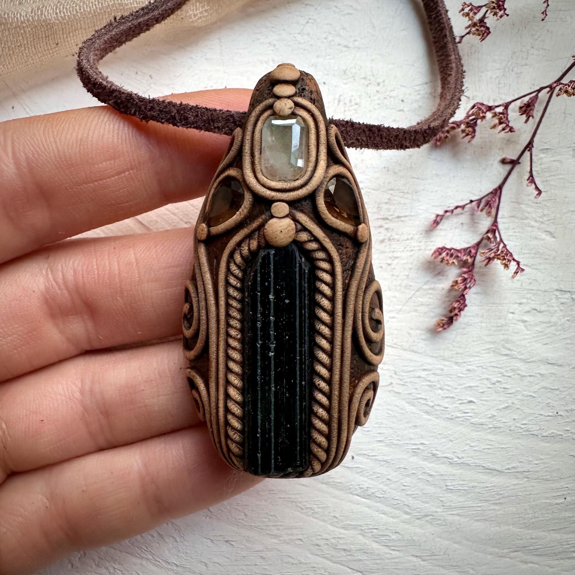 Green Tourmaline Aquamarine and Smoky Quartz Necklace - FairyGardenGlow