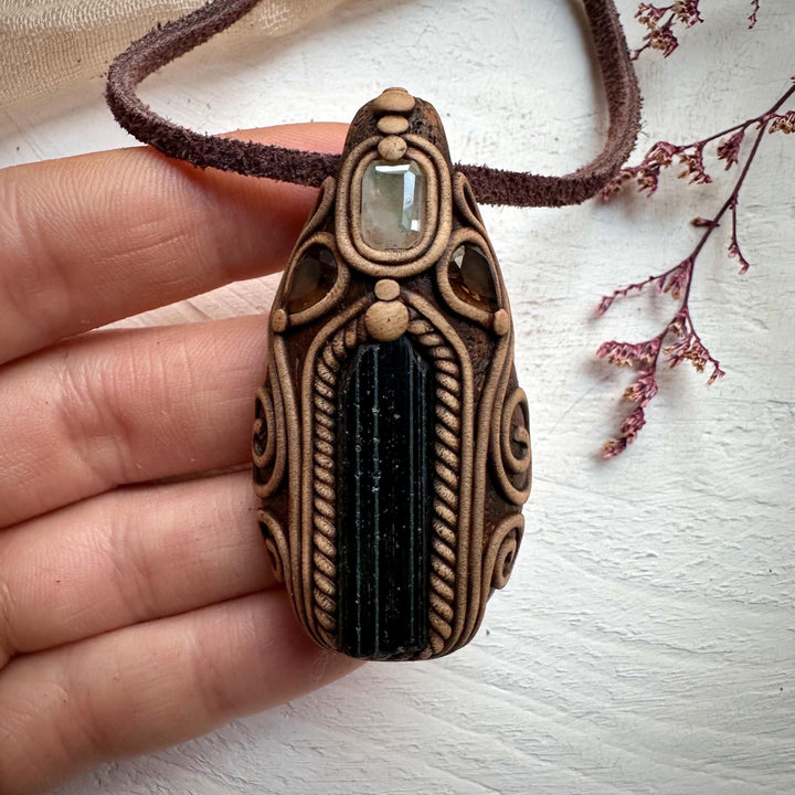 Green Tourmaline Aquamarine and Smoky Quartz Necklace - FairyGardenGlow