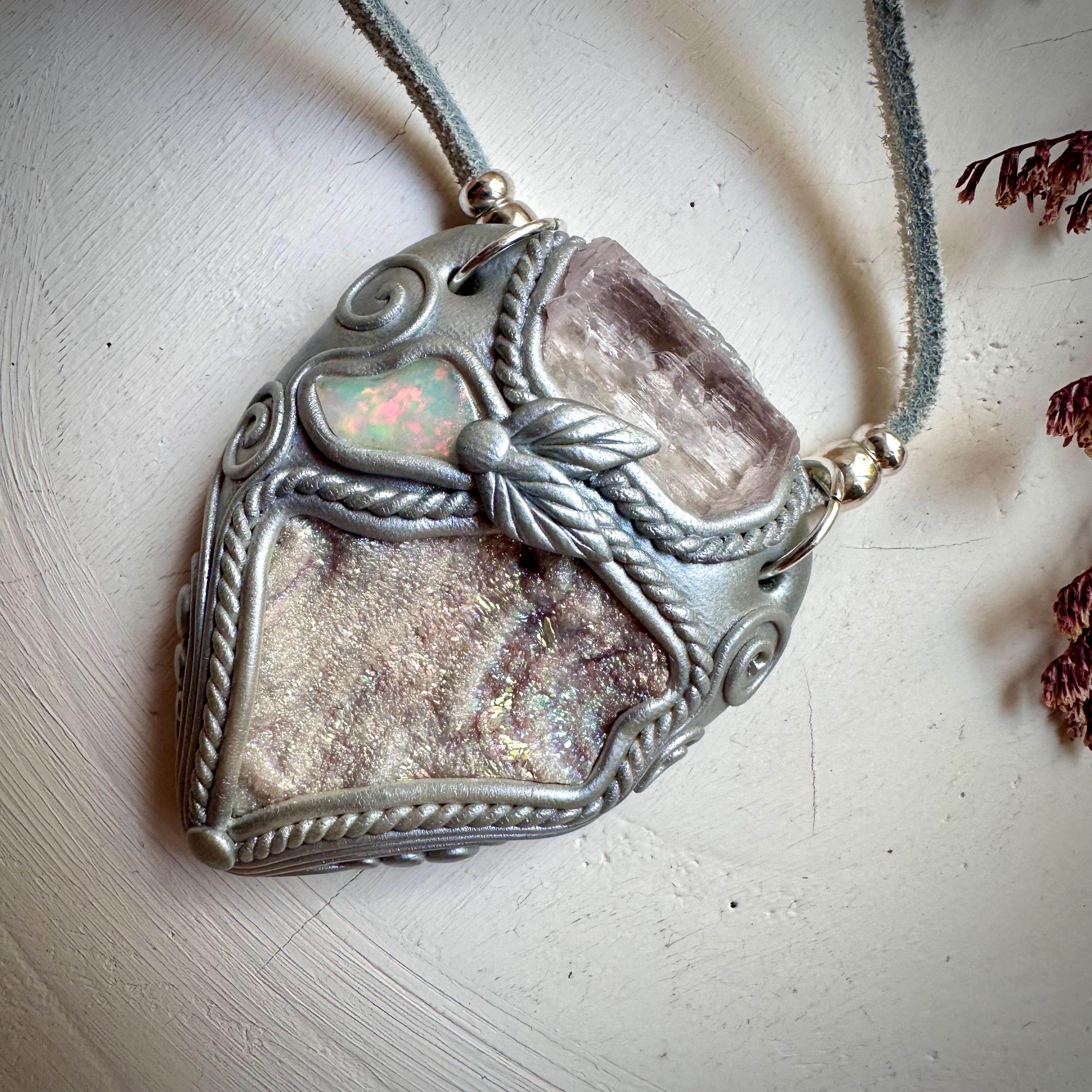 Angel Aura Chalcedony Kunzite and Opal Pendant Necklace - FairyGardenGlow