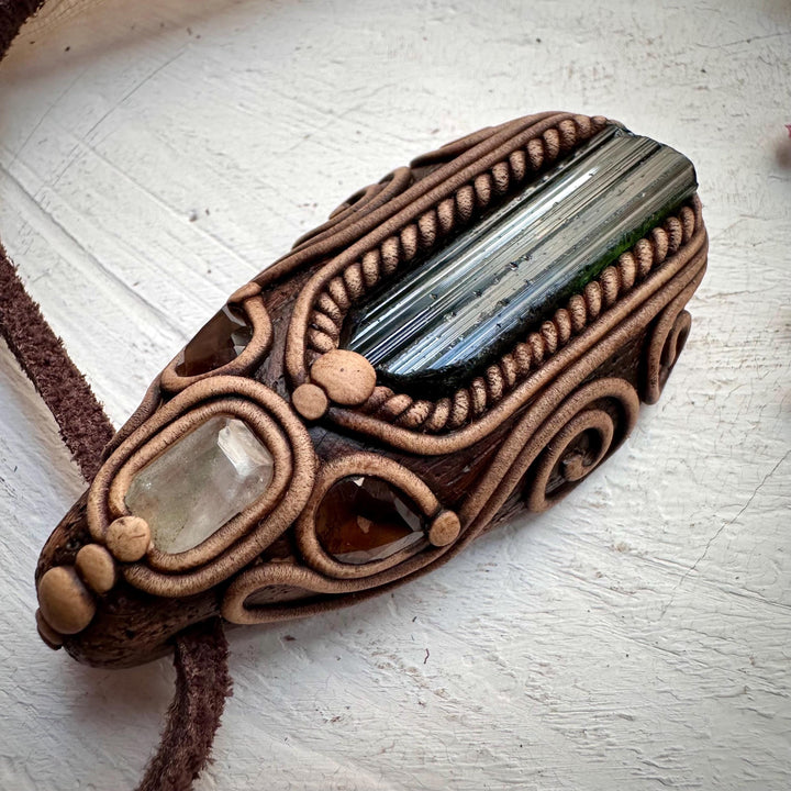 Green Tourmaline Aquamarine and Smoky Quartz Necklace - FairyGardenGlow