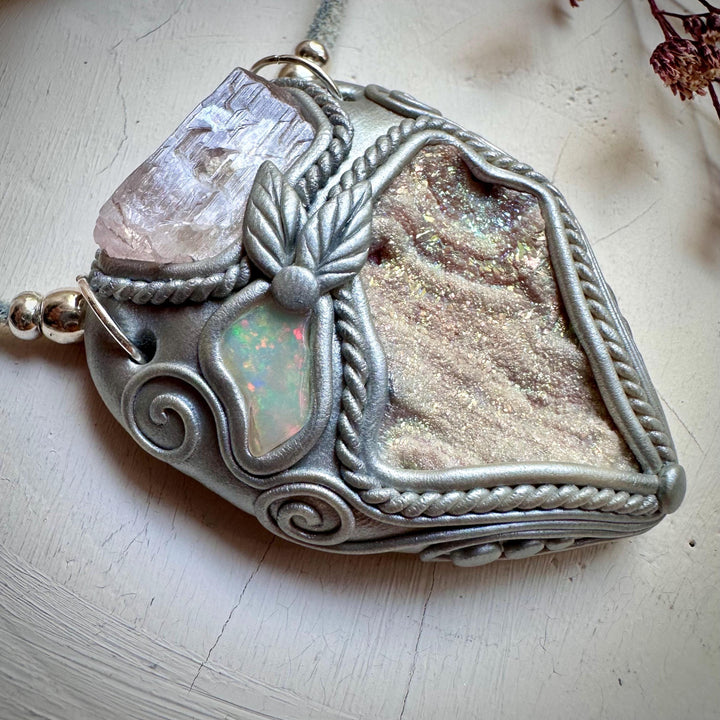 Angel Aura Chalcedony Kunzite and Opal Pendant Necklace - FairyGardenGlow