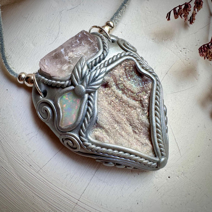 Angel Aura Chalcedony Kunzite and Opal Pendant Necklace - FairyGardenGlow