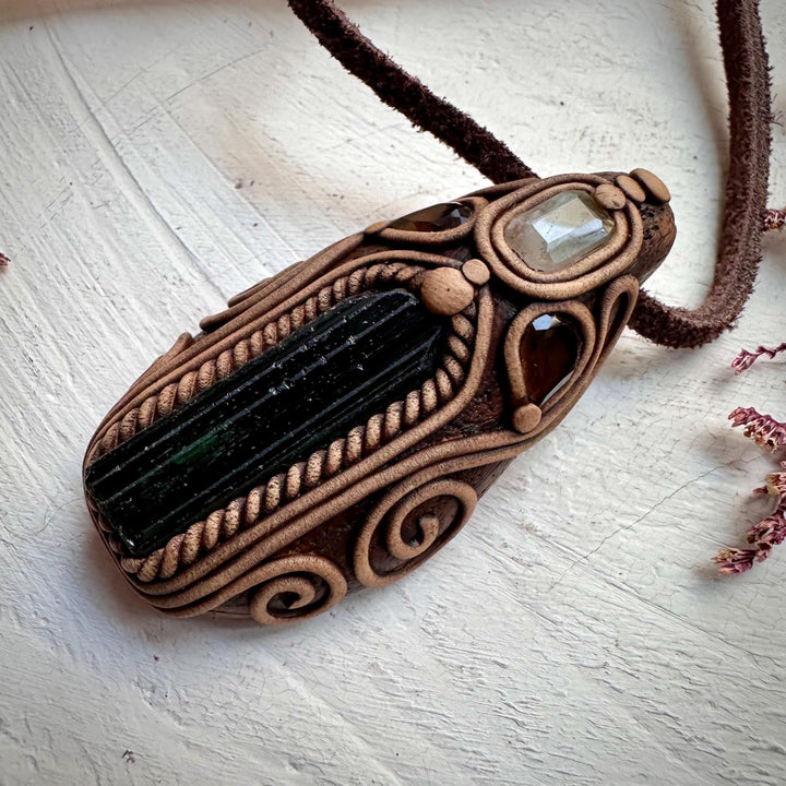 Green Tourmaline Aquamarine and Smoky Quartz Necklace - FairyGardenGlow