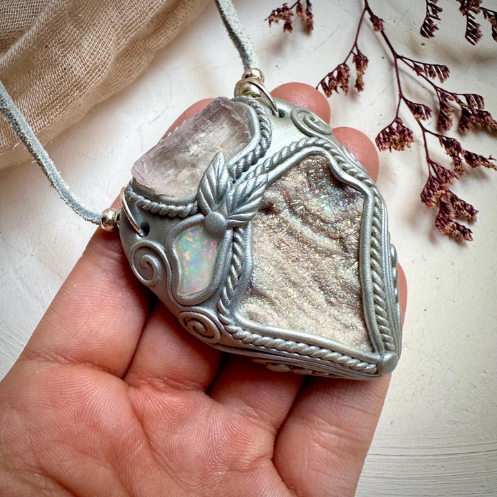 Angel Aura Chalcedony Kunzite and Opal Pendant Necklace - FairyGardenGlow