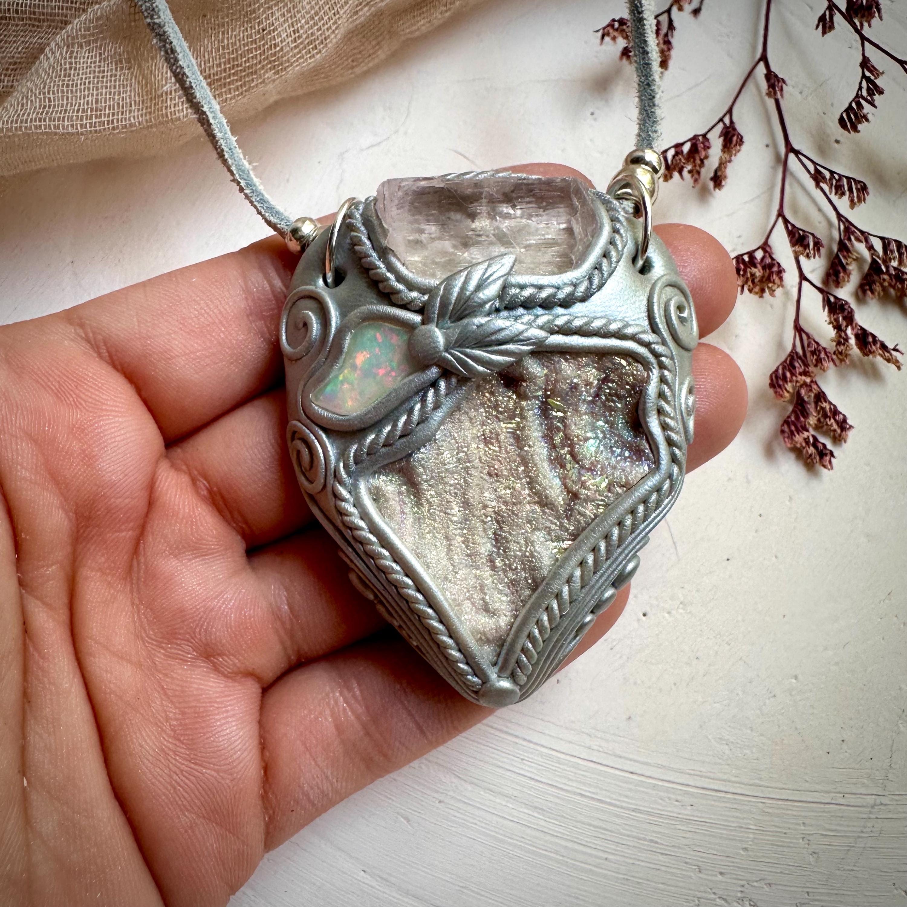 Angel Aura Chalcedony Kunzite and Opal Pendant Necklace - FairyGardenGlow