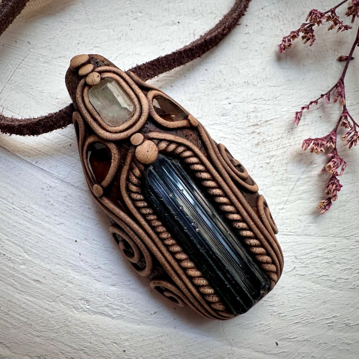 Green Tourmaline Aquamarine and Smoky Quartz Necklace - FairyGardenGlow