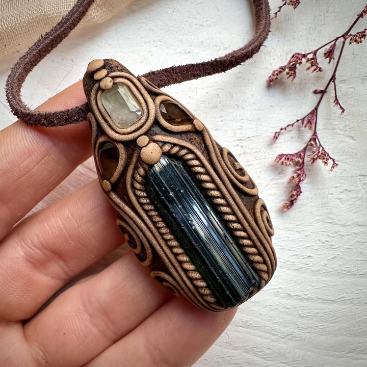 Green Tourmaline Aquamarine and Smoky Quartz Necklace - FairyGardenGlow