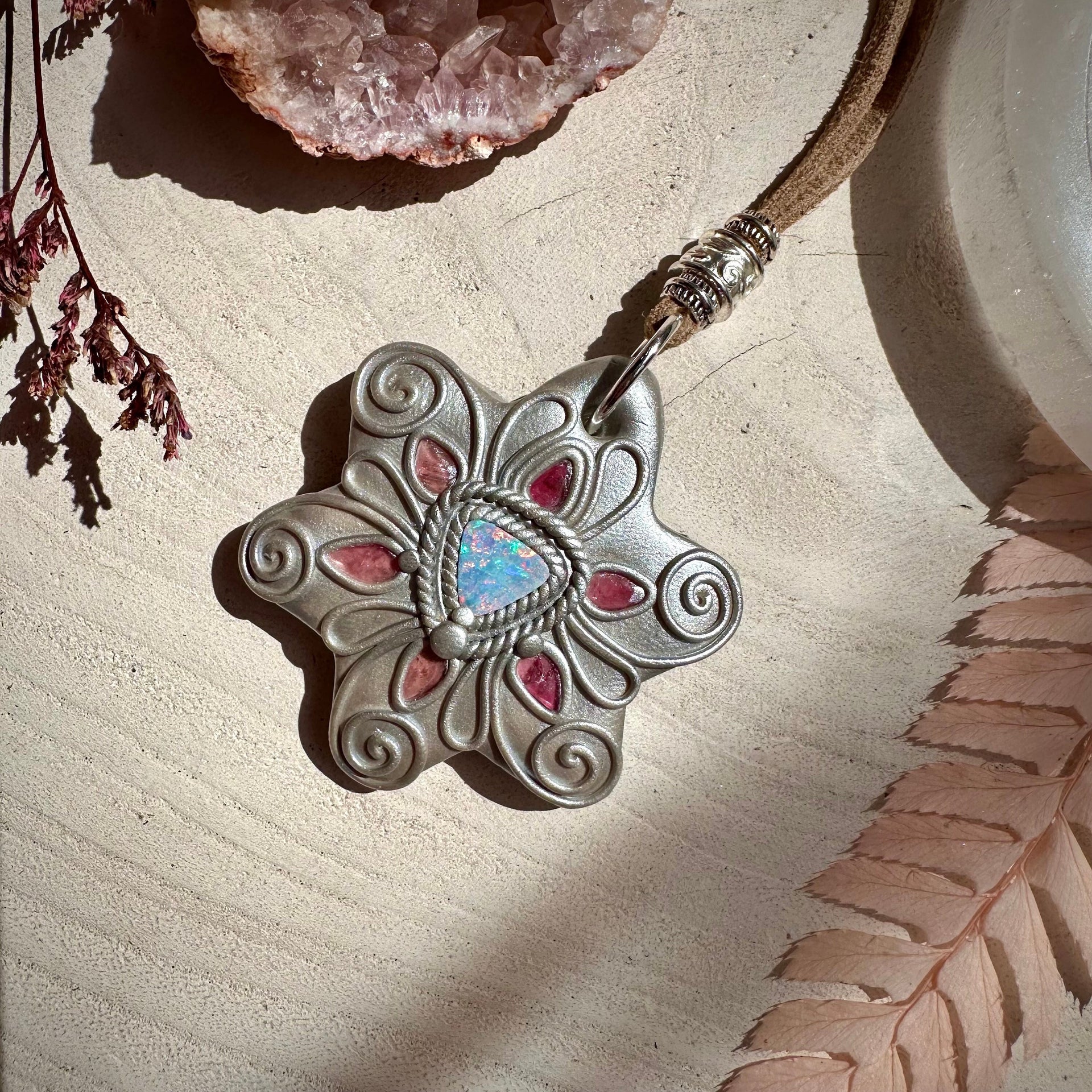 Australian Opal and Pink Tourmaline Necklace - FairyGardenGlow