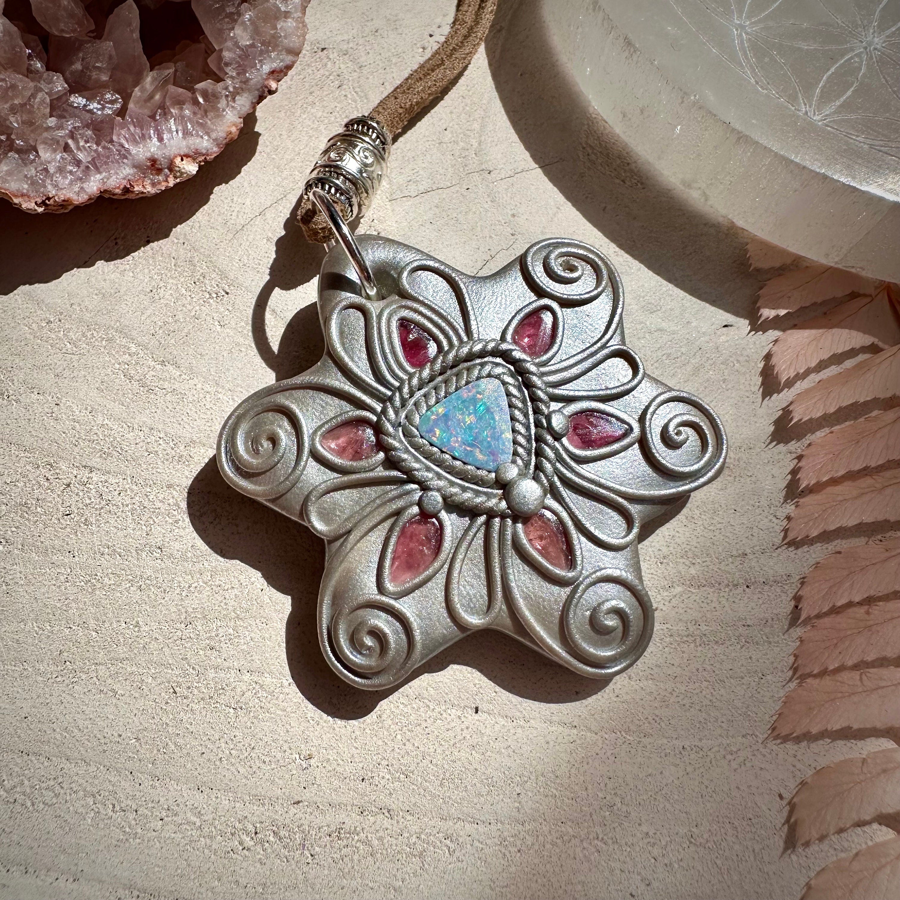 Australian Opal and Pink Tourmaline Necklace - FairyGardenGlow