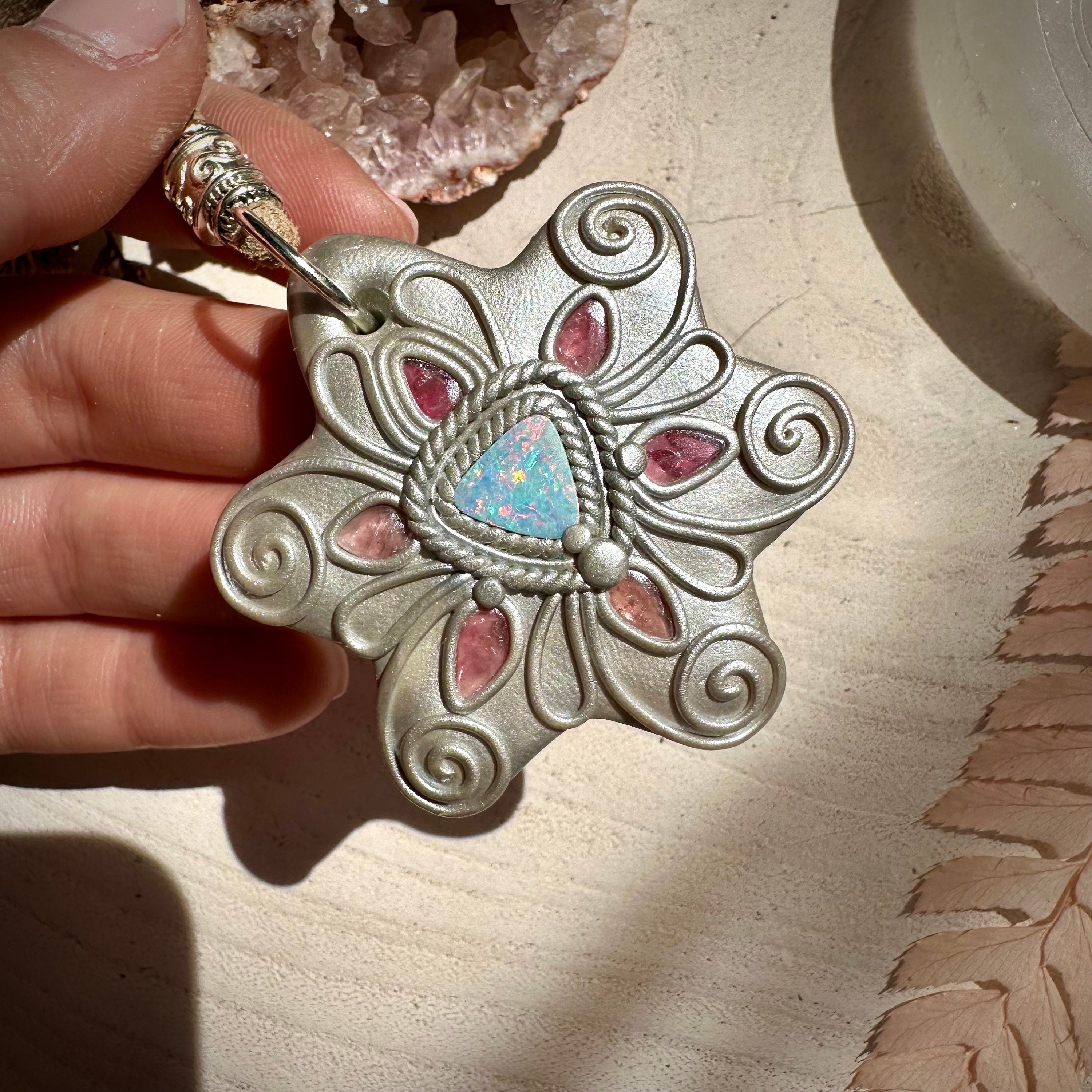 Australian Opal and Pink Tourmaline Necklace - FairyGardenGlow