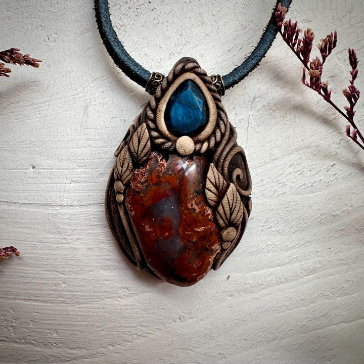 Petrified Wood and Labradorite Pendant Necklace - FairyGardenGlow