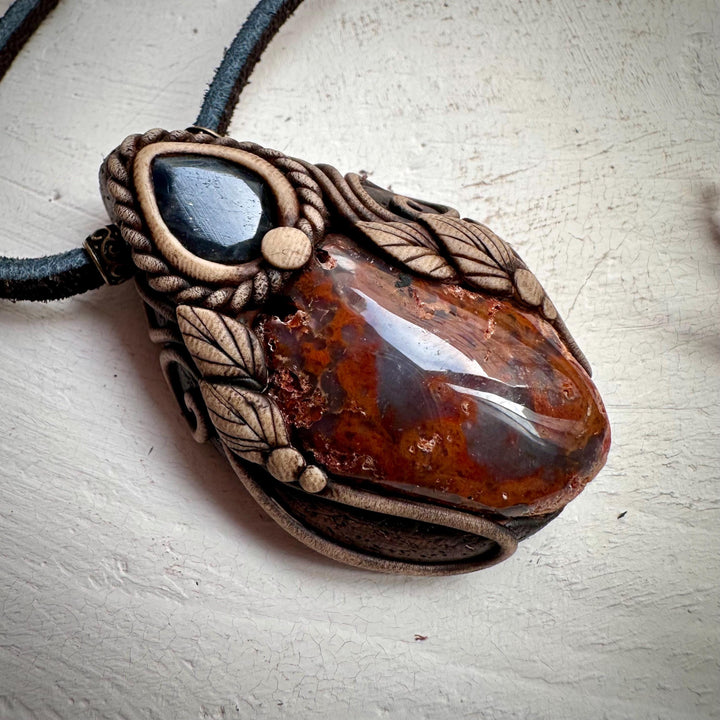 Petrified Wood and Labradorite Pendant Necklace - FairyGardenGlow